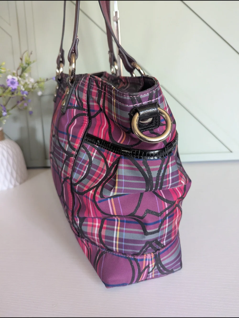 Coach Pink and Purple Plaid Signature Tote